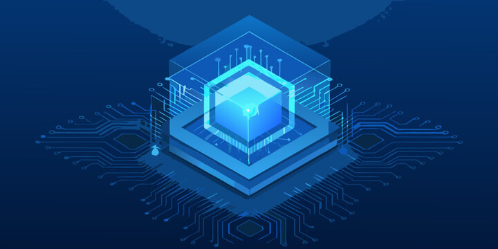 Isometric illustration of a glowing blue digital security shield with circuitry