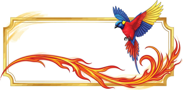 A vibrant parrot flies over a golden frame with flames on a white background.