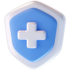 Obraz premium A 3D blue and white medical shield icon representing safety, health protection, and immune system security.