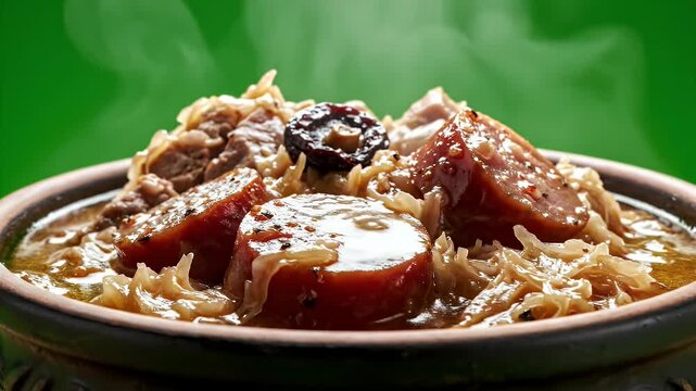 Hearty Bigos Hunter Stew with Pork Sausage Sauerkraut and Meat in Rustic Bowl Cinematic Food Photography with Green Gradient Background Steam Rising