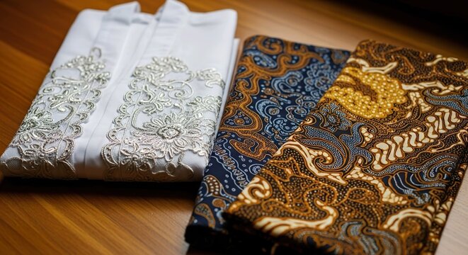Traditional Indonesian Batik Fabrics and White Embroidered Kebaya on Wooden Table