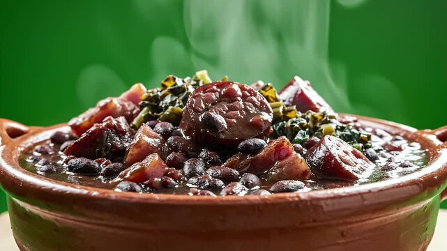 Hearty Brazilian Feijoada Stew Full of Black Beans Sausage and Greens in Earthenware Bowl with Steam Rising Against Green Background Cinematic Food Commercial Video