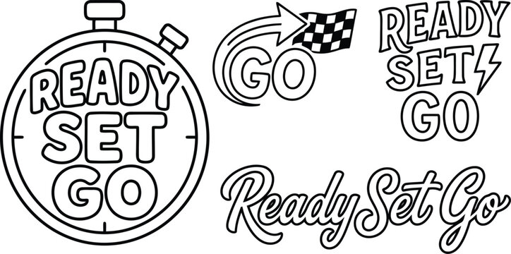 A collection of five unique ready set go phrases and graphics including a stopwatch racing flag and lightning bolt isolated on transparent background