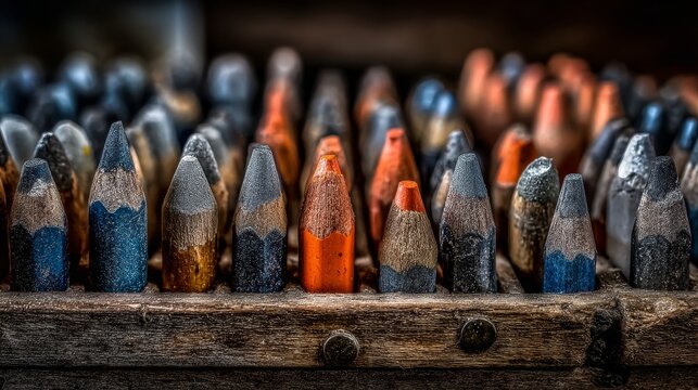 Colorful Variety of Used Pencils Displayed on Wooden Surface