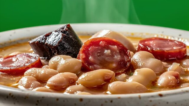 Hearty Fabada Asturiana Stew with Chorizo Morcilla and White Beans in a Bowl with Steam Rising Against a Vibrant Green Background Professional Food Photography