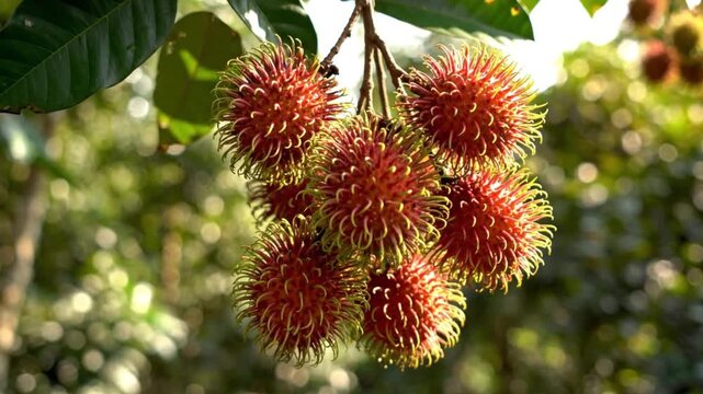 Close-up of rambutan fruit on a branch with leaf, showing spiny hair‑like skin in tropical forest