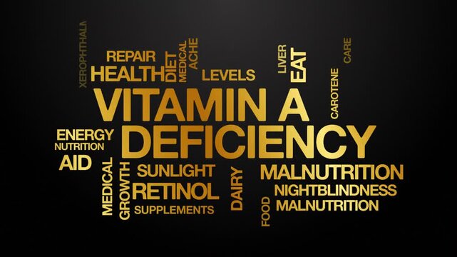 Vitamin A deficiency concept Animated Tag Word Cloud kinetic typography, Text Design Animation typography seamless loop video motion graphics Intro Wordart golden type on black background bg backdrop