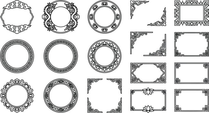 Collection of ornamental circular and rectangular borders and decorative corner elements with traditional Asian motifs