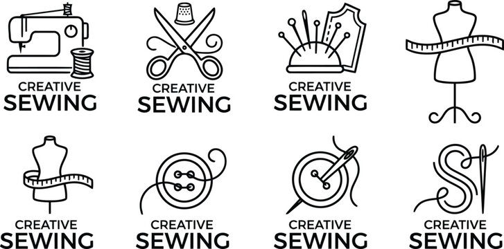 Collection of creative sewing icons with sewing machine scissors buttons and mannequin on transparent background