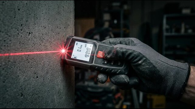 Construction worker using a digital laser distance meter for precise measurements on a concrete surface in a workshop