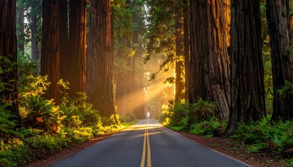 Fototapeta premium Road receding into sun-drenched forest, towering redwood trees flank asphalt. Ferns flourish along the roadside