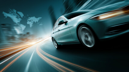 Fototapeta premium Car speeding on Road: Captures a sleek, modern car in motion, navigating a blurred road, evoking speed and global travel against a world map backdrop.