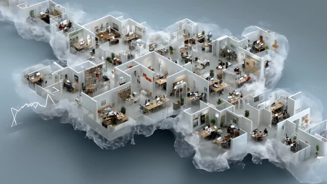 3D rendering of office spaces with foggy atmosphere and diverse employees working