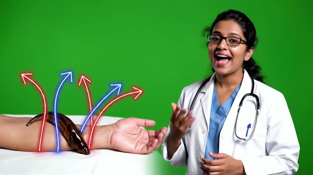 Medical Professional Explains Leech Therapy With Graphic Arrows Indicating Blood Flow On Arm Isolated On Green Screen