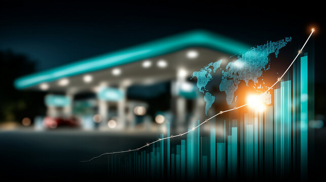 Rising Fuel Prices: An evocative scene depicts a modern gas station juxtaposed with a dynamic data visualization of global energy prices, symbolizing the fluctuating cost of fuel.