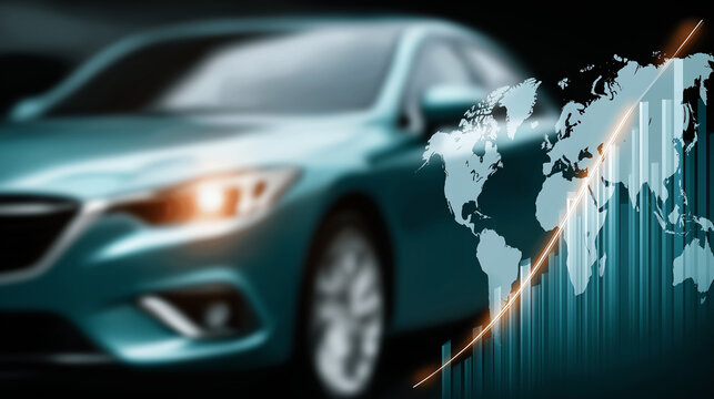 Automotive Global Trends: A sleek, modern car glimmers, overlaid with an illustration of the world map and a dynamic growth chart, symbolizing progress and global expansion in the automotive industry.