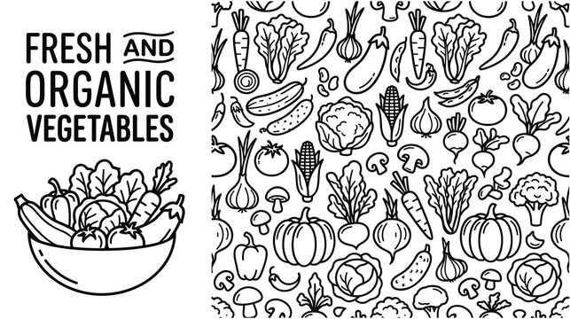 Fresh organic vegetables pattern and bowl isolated on white background