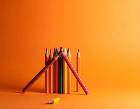 Colored pencils clustered, a few leaning and one broken