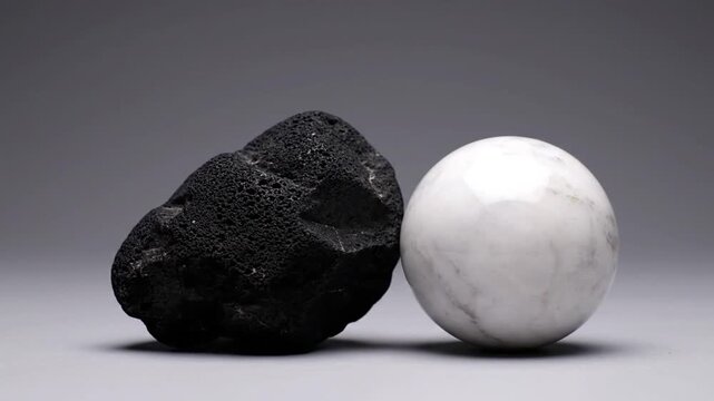 Black Lava Rock and White Marble Sphere on Gray Background