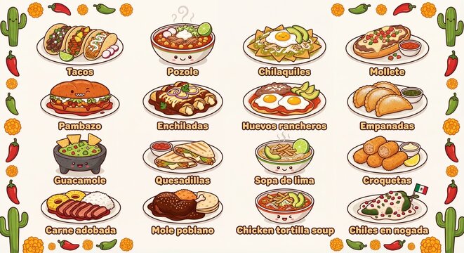 A collection of popular Mexican dishes displayed in a grid formation, featuring tacos, pozole