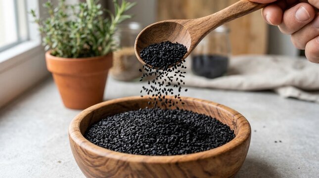 Pouring black cumin seeds from a wooden spoon into a rustic bowl, captured with natural light. Healthy nigella sativa, a superfood ingredient for cooking and wellness.