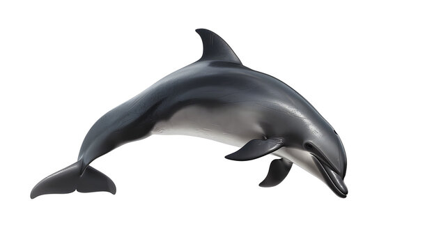 Black dolphin swimming in water with a white background