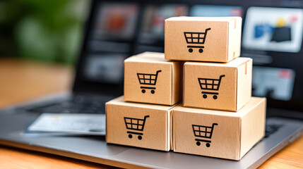 Fototapeta premium Stacked cardboard boxes with shopping cart icons placed on a laptop keyboard, showcasing online shopping and e-commerce concepts in a modern workspace