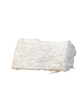 Transparent background PNG of weathered, splintered wood pillar, rustic textured timber sculpture, isolated on black, macro detail.