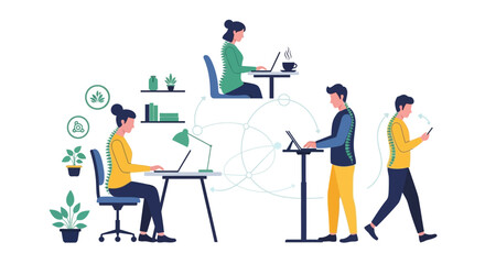 Fototapeta premium Ergonomic Postures for a Healthy Spine: Good and Bad Examples at Work, Sitting, Standing, and Mobile Use