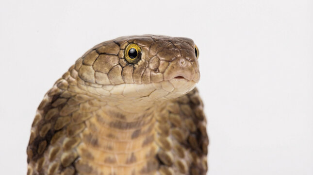 Close-up portrait of a venomous Monocled Cobra snake (Naja kaouthia) with fanned hood on a white background looking sideways