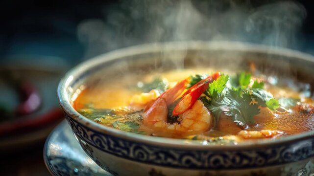 Steaming Delight: A culinary masterpiece unfolds, showcasing a flavorful, steaming bowl of Asian-inspired soup, adorned with succulent shrimp and aromatic herbs.