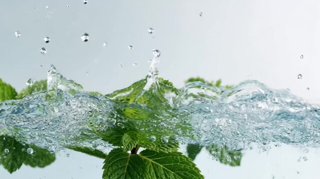 Refreshing Mint Embrace: Vivid close-up captures a sprig of fresh mint immersed in pristine water, with glistening droplets dancing, symbolizing purity and invigorating freshness.