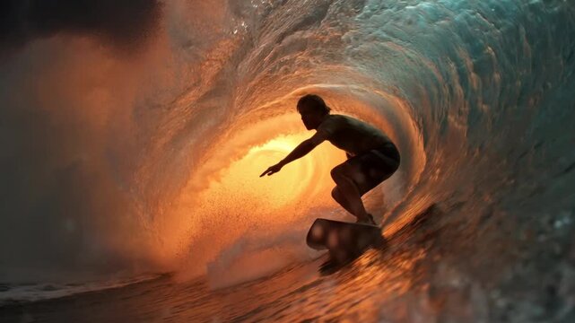 Surfer in the Curl: A skilled surfer effortlessly carves through a towering wave, skillfully navigating the watery tunnel as the sun casts a warm, golden glow.