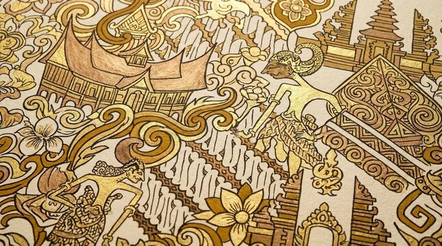 Intricate golden ethnic cultural illustration featuring traditional architecture, shadow puppets, and floral batik motifs on a light background
