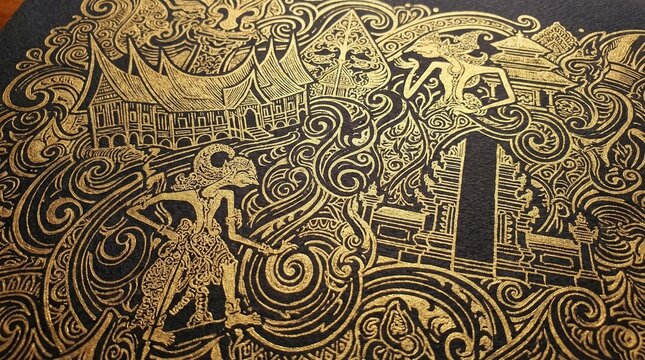 Luxurious seamless golden ethnic pattern featuring traditional Asian architecture, shadow puppets, and floral batik motifs on a dark black background