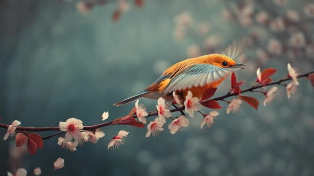 A Bird in Blossom: A vibrant bird perches gracefully on a flowering branch, its colorful plumage harmonizing with the delicate blooms, creating a serene and captivating moment.