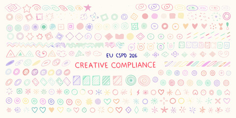 Colorful hand drawn doodles and shapes scattered across a light background