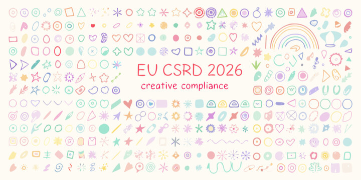 Colorful doodle collection with text EU CSRD 2026 creative compliance