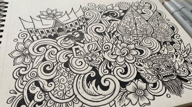 Intricate monochrome ethnic line art illustration featuring traditional Asian architecture and shadow puppets on a doodle floral background for coloring book design