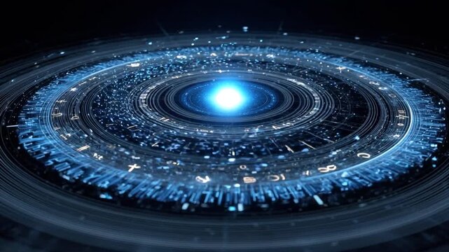 Celestial Symphony: A mesmerizing, high-tech representation of a galaxy, boasting vibrant blue hues, intricate circular structures, and a radiant center point.