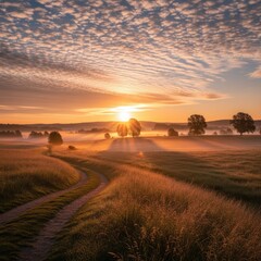 Obraz premium Golden sunrise over rural landscape with path through fields and trees