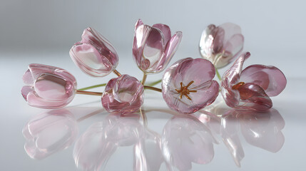 Pink glass tulips on reflective surface