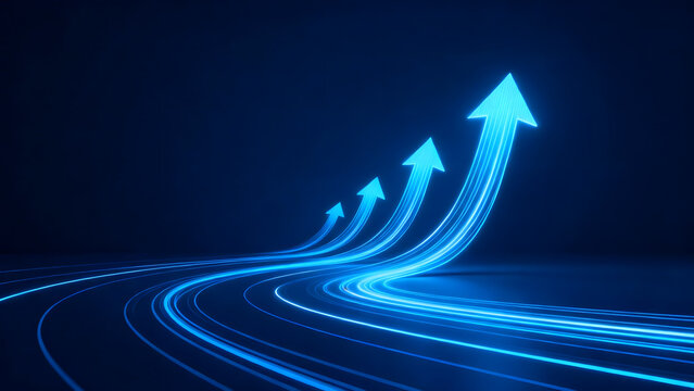 Blue glowing arrows ascending on dark background
