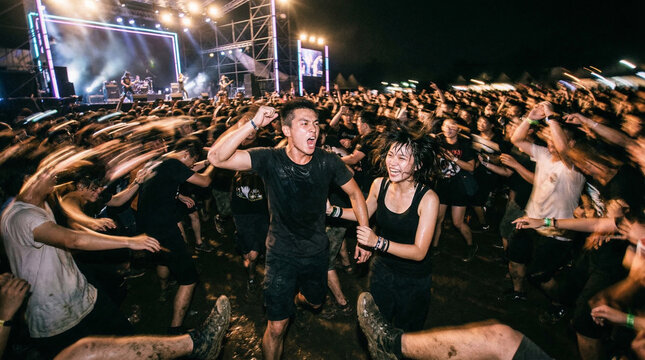Energetic young Asian men and women pushing and dancing in a circle pit at a night music festival.