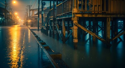 Naklejka premium Nighttime Street Scene in Coastal Town