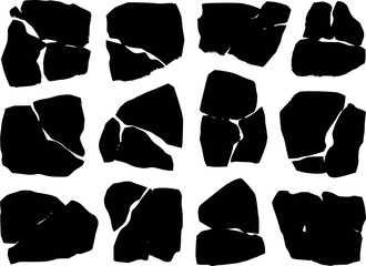 Black Cracked Stone Shapes Isolated White Background Abstract Texture rock broken
