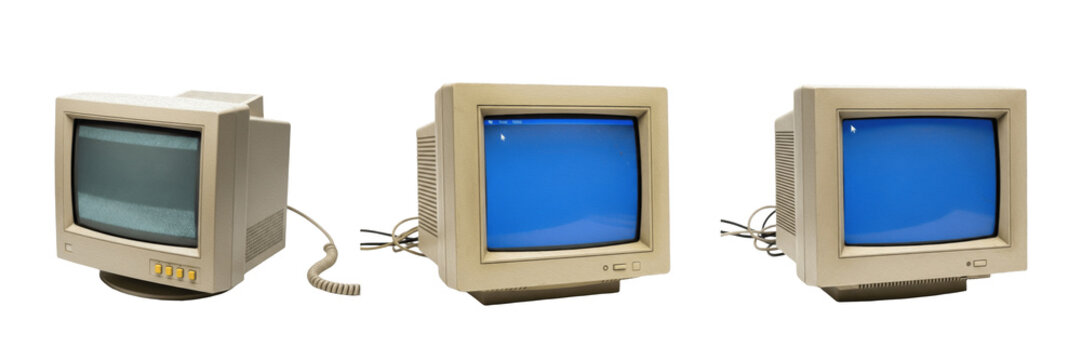 Set of vintage old computer CRT monitors isolated on white background, Oil Paint