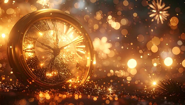 Close-up of a golden antique clock showing a few minutes before midnight amidst glowing bokeh, representing a festive celebration