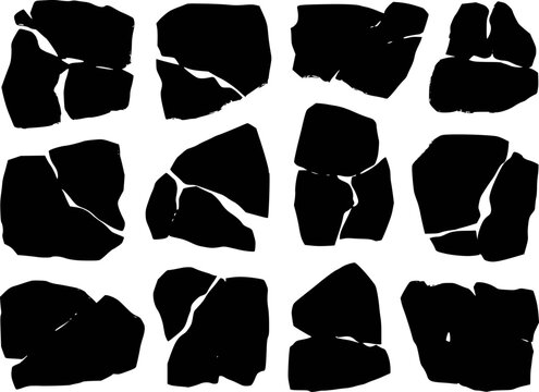 Black Cracked Stone Shapes Isolated White Background Abstract Texture rock broken