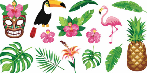 Fototapeta premium Tropical illustration featuring a toucan flamingo tiki mask and lush foliage